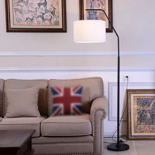 Classic White Fabric Drum Black Metal Floor Lamp Zawala Image - 1