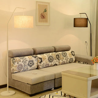 Classic White Fabric Drum Black Metal Floor Lamp Zawala Image - 2