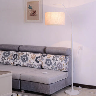 Classic White Fabric Drum Black Metal Floor Lamp Zawala Image - 5