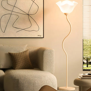 Stylish White Floral Shade Curved Stem Floor Lamp Zawala Image - 1