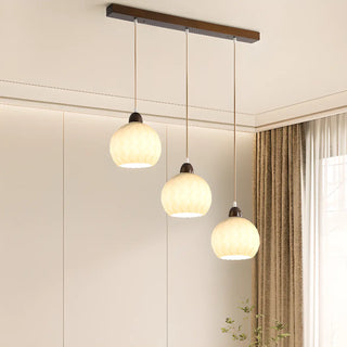 Modern Wood White Glass Round LED Pendant Light Zawala Image - 1