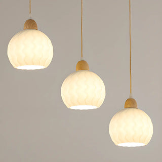 Modern Wood White Glass Round LED Pendant Light Zawala Image - 12