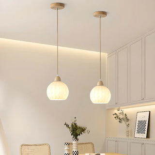 Modern Wood White Glass Round LED Pendant Light Zawala Image - 2