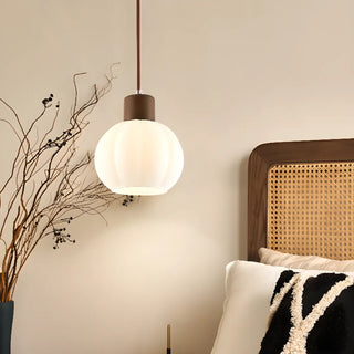 Modern Wood White Glass Round LED Pendant Light Zawala Image - 3