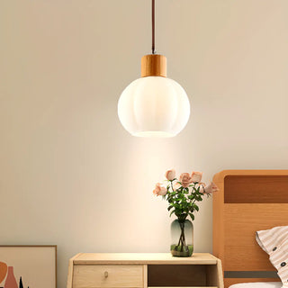 Modern Wood White Glass Round LED Pendant Light Zawala Image - 4