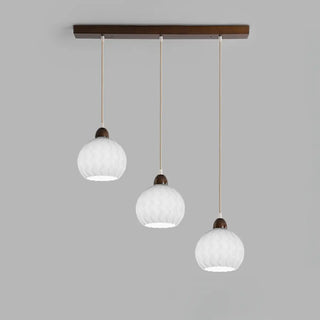 Modern Wood White Glass Round LED Pendant Light Zawala Image - 6