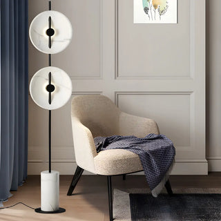 Dual White Marble Disc Modern LED Black Floor Lamp Zawala Image - 2