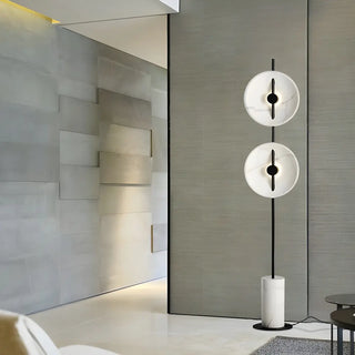 Dual White Marble Disc Modern LED Black Floor Lamp Zawala Image - 3