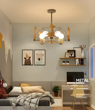 ZOWALA - Geometric Giraffe Wood Kids Room Grey 5-Light Chandelier Image - 4