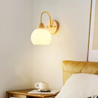 Modern Wood Frosted Glass Globe Bedside Wall Sconce Zawala Image - 1