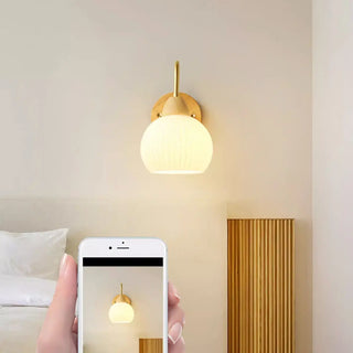 Modern Wood Frosted Glass Globe Bedside Wall Sconce Zawala Image - 13