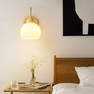 Modern Wood Frosted Glass Globe Bedside Wall Sconce Zawala Image - 2