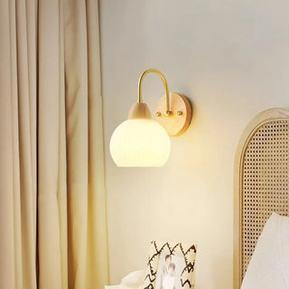 Modern Wood Frosted Glass Globe Bedside Wall Sconce Zawala Image - 3