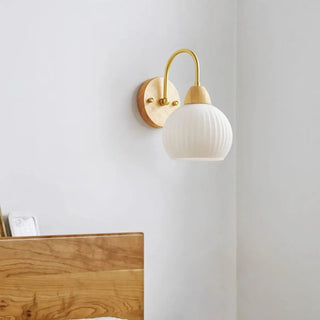 Modern Wood Frosted Glass Globe Bedside Wall Sconce Zawala Image - 5