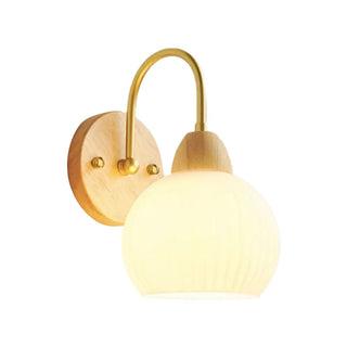 Modern Wood Frosted Glass Globe Bedside Wall Sconce Zawala Image - 6
