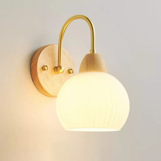 Modern Wood Frosted Glass Globe Bedside Wall Sconce Zawala Image - 7