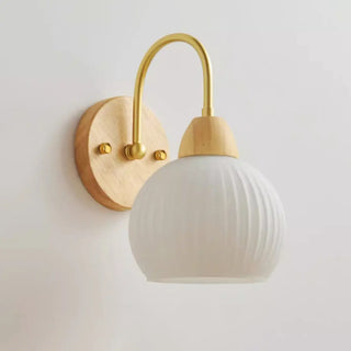 Modern Wood Frosted Glass Globe Bedside Wall Sconce Zawala Image - 9