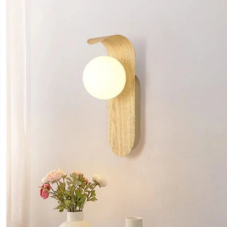 Modern Round LED Globe Wood Grain Metal Wall Sconce Zawala Image - 2