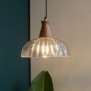 ZOWALA - Modern Walnut Wooden Ribbed Clear Glass Pendant Light Image - 1