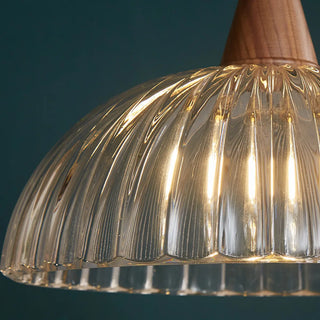ZOWALA - Modern Walnut Wooden Ribbed Clear Glass Pendant Light Image - 11