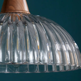 ZOWALA - Modern Walnut Wooden Ribbed Clear Glass Pendant Light Image - 12