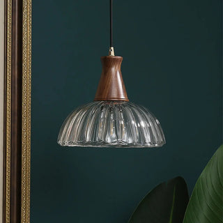 ZOWALA - Modern Walnut Wooden Ribbed Clear Glass Pendant Light Image - 14