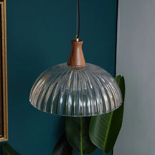 ZOWALA - Modern Walnut Wooden Ribbed Clear Glass Pendant Light Image - 15