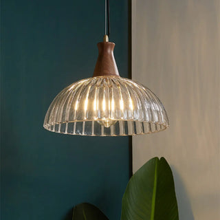 ZOWALA - Modern Walnut Wooden Ribbed Clear Glass Pendant Light Image - 2