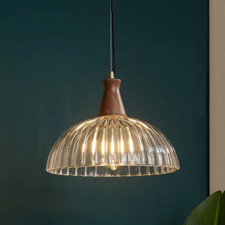 ZOWALA - Modern Walnut Wooden Ribbed Clear Glass Pendant Light Image - 3