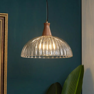 ZOWALA - Modern Walnut Wooden Ribbed Clear Glass Pendant Light Image - 4