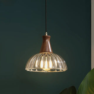 ZOWALA - Modern Walnut Wooden Ribbed Clear Glass Pendant Light Image - 5