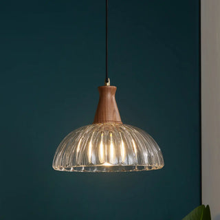 ZOWALA - Modern Walnut Wooden Ribbed Clear Glass Pendant Light Image - 6