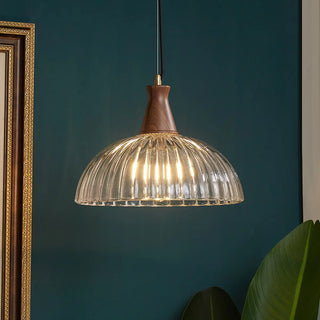 ZOWALA - Modern Walnut Wooden Ribbed Clear Glass Pendant Light Image - 7