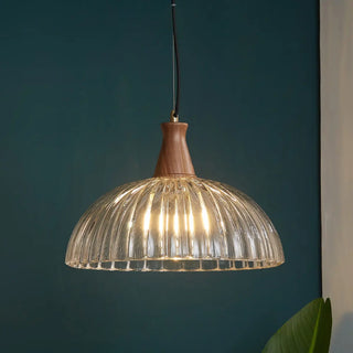 ZOWALA - Modern Walnut Wooden Ribbed Clear Glass Pendant Light Image - 8