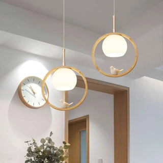 ZOWALA - Modern Wood Ring Globe Bird Pendant Light Adjustable Height Image - 1