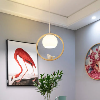 ZOWALA - Modern Wood Ring Globe Bird Pendant Light Adjustable Height Image - 2
