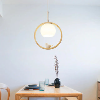 ZOWALA - Modern Wood Ring Globe Bird Pendant Light Adjustable Height Image - 4