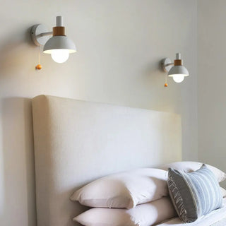 Modern Bedroom Wood Dome Wall Sconce with Pull Chain Zawala Image - 1