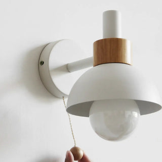 Modern Bedroom Wood Dome Wall Sconce with Pull Chain Zawala Image - 12