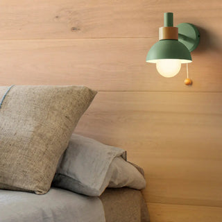 Modern Bedroom Wood Dome Wall Sconce with Pull Chain Zawala Image - 3