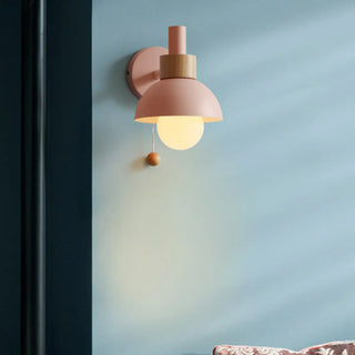 Modern Bedroom Wood Dome Wall Sconce with Pull Chain Zawala Image - 4
