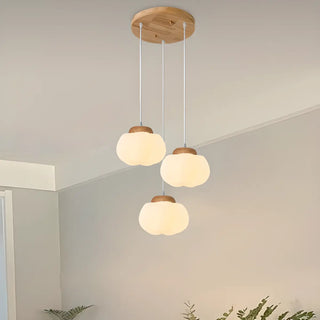 Modern Wood White Glass Drum Round Pendant Light Zawala Image - 1