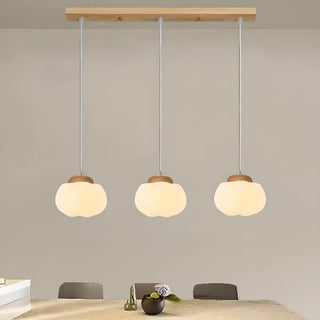 Modern Wood White Glass Drum Round Pendant Light Zawala Image - 2