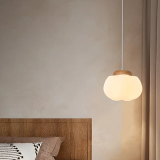 Modern Wood White Glass Drum Round Pendant Light Zawala Image - 3