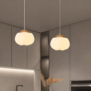 Modern Wood White Glass Drum Round Pendant Light Zawala Image - 4