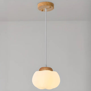 Modern Wood White Glass Drum Round Pendant Light Zawala Image - 5