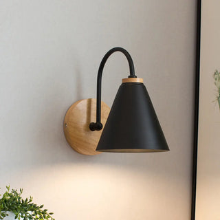 Modern Wooden Base Cone Metal Shade Wall Sconce Zawala Image - 1