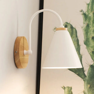 Modern Wooden Base Cone Metal Shade Wall Sconce Zawala Image - 3