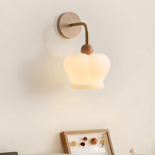 Art Deco Crown White Glass Wood Finish Wall Sconce Zawala Image - 2