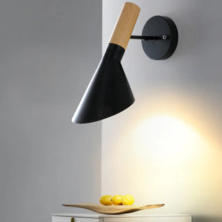 Modish Wood Color and Cone Metal Bedside Wall Sconce Zawala Image - 2